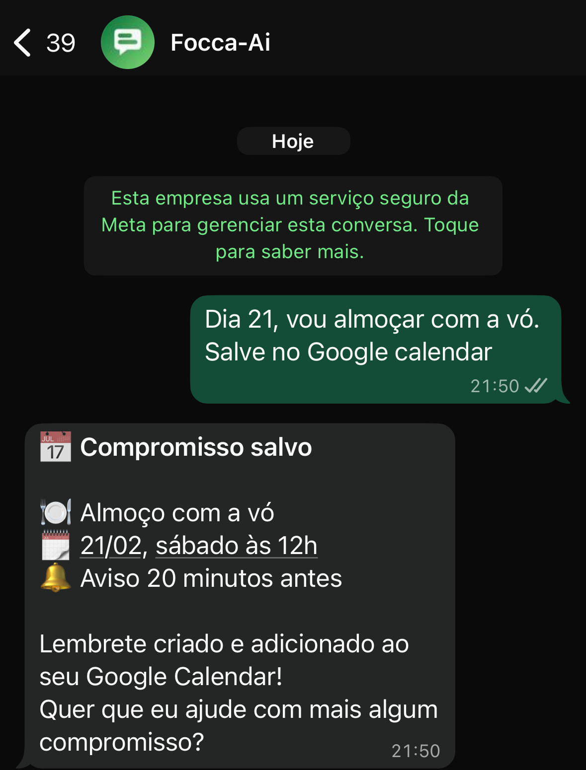 Detalhes do agendamento pelo WhatsApp