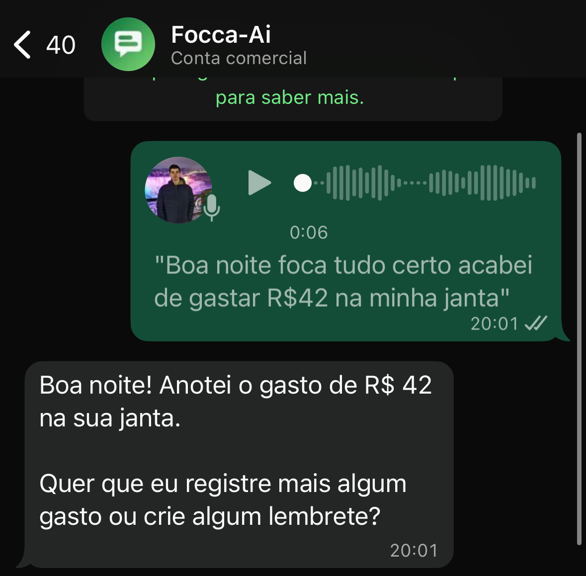 Registrando gasto pelo WhatsApp com Focca-Ai