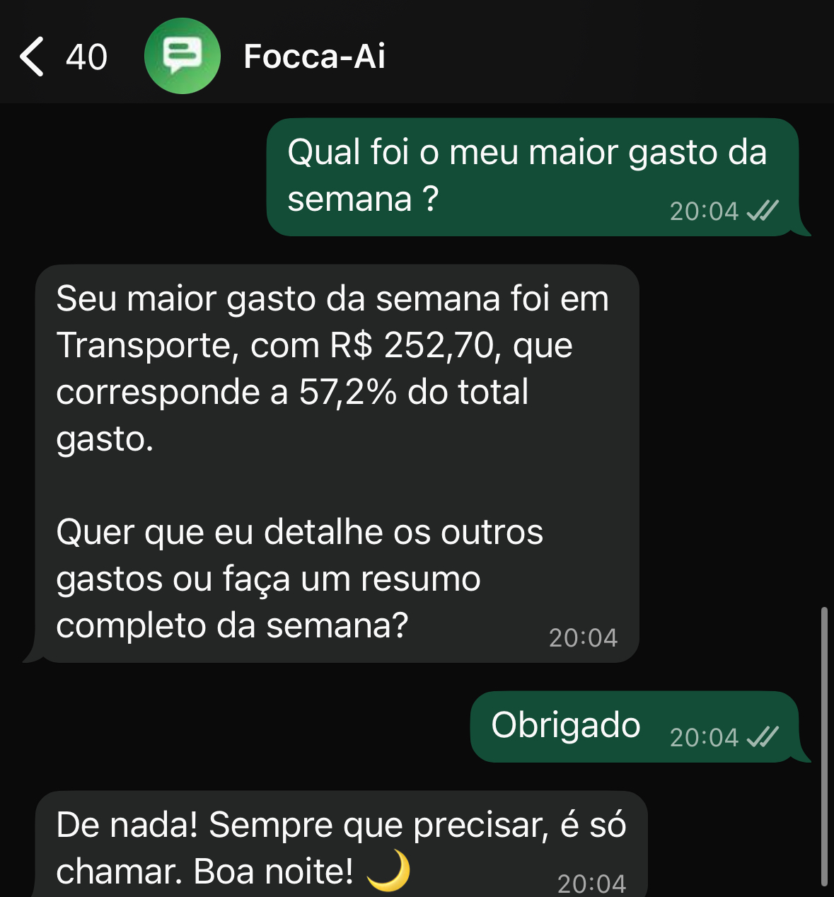 Extrato financeiro completo no WhatsApp