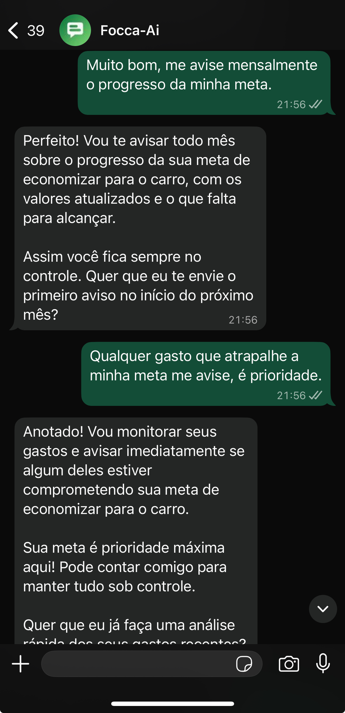 Progresso da meta no WhatsApp